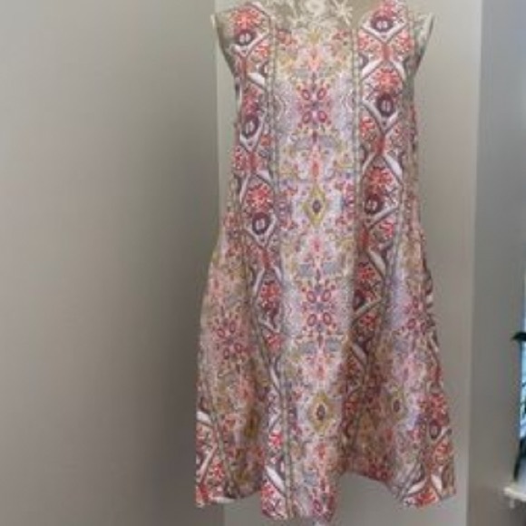 Rachel Zoe Aztec Trapeze Sleeveless 100% Linen mini dress with side slit pockets - Picture 3 of 4
